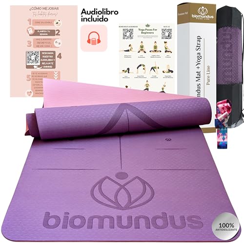 biomundus Esterilla Yoga Mat Antideslizante profesional Esterilla Deporte en Casa Colchoneta Gimnasia Mat Yoga antideslizante con sistema de alineación Correa y Bolsa Esterilla Fitness