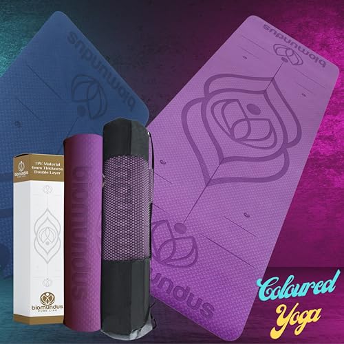 biomundus Esterilla Yoga Mat Antideslizante profesional Esterilla Deporte en Casa Colchoneta Gimnasia Mat Yoga antideslizante con sistema de alineación Correa y Bolsa Esterilla Fitness