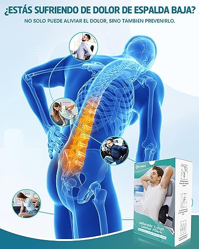 BLABOK Cojín Lumbar, Almohada Lumbar Autogonflable para Aliviar el Dolor Lumbar, Diseño Ergonómico, Correas Elásticas Ajustables, Cojín Lumbar para Avión, Coche, Silla de Oficina (Negro)