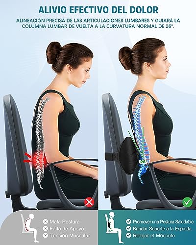 BLABOK Cojín Lumbar, Almohada Lumbar Autogonflable para Aliviar el Dolor Lumbar, Diseño Ergonómico, Correas Elásticas Ajustables, Cojín Lumbar para Avión, Coche, Silla de Oficina (Negro)