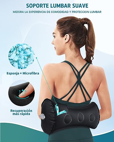 BLABOK Cojín Lumbar, Almohada Lumbar Autogonflable para Aliviar el Dolor Lumbar, Diseño Ergonómico, Correas Elásticas Ajustables, Cojín Lumbar para Avión, Coche, Silla de Oficina (Negro)