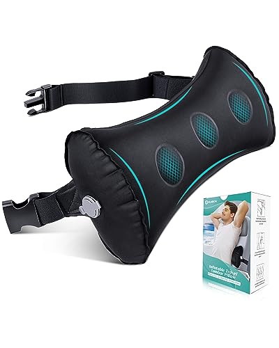 BLABOK Cojín Lumbar, Almohada Lumbar Autogonflable para Aliviar el Dolor Lumbar, Diseño Ergonómico, Correas Elásticas Ajustables, Cojín Lumbar para Avión, Coche, Silla de Oficina (Negro)