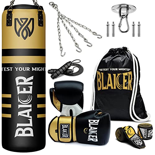 BLAICER Saco de Boxeo Adulto sin Relleno Equipado con Guantes, Vendas, Comba, Cadena Giratoria, Soporte y Bolsa Poliéster – Completo Kit para Boxeo en Casa