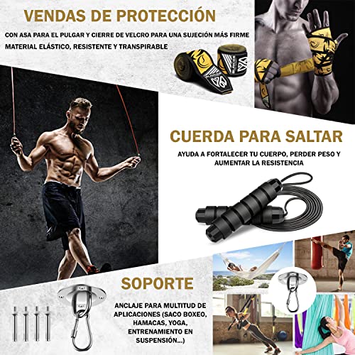 BLAICER Saco de Boxeo Adulto sin Relleno Equipado con Guantes, Vendas, Comba, Cadena Giratoria, Soporte y Bolsa Poliéster – Completo Kit para Boxeo en Casa