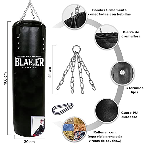 BLAICER Saco de Boxeo sin Relleno Equipado con Guantes de Boxeo, Cuerda Saltar, Vendas de Boxeo, Cadena, Soporte y Sistema de Entrenamiento en Suspensión | Completo Kit para Gimnasio en Casa (Negro)