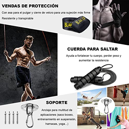 BLAICER Saco de Boxeo sin Relleno Equipado con Guantes de Boxeo, Cuerda Saltar, Vendas de Boxeo, Cadena, Soporte y Sistema de Entrenamiento en Suspensión | Completo Kit para Gimnasio en Casa (Negro)