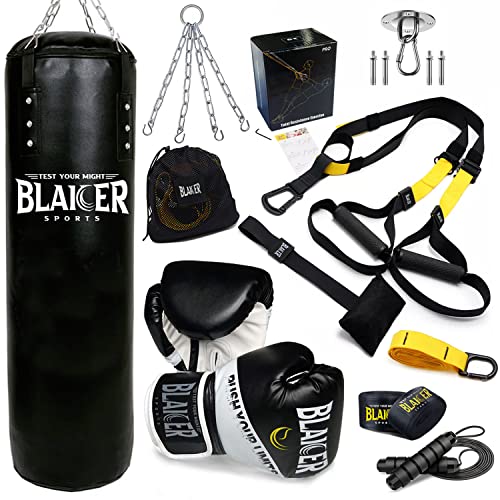 BLAICER Saco de Boxeo sin Relleno Equipado con Guantes de Boxeo, Cuerda Saltar, Vendas de Boxeo, Cadena, Soporte y Sistema de Entrenamiento en Suspensión | Completo Kit para Gimnasio en Casa (Negro)