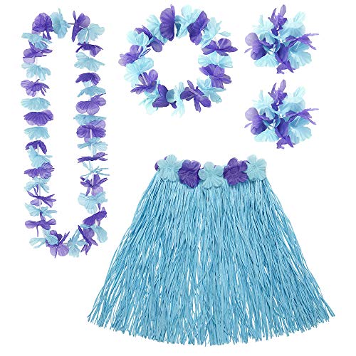 "BLUE HAWAIIAN SET" (hula skirt with flower belt, flower lei, crown, 2 bracelets) -