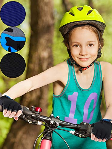 Boao 3 Pares de Guantes Deportivos Guantes de Mitad de Dedos de Niños Guantes de Gel Antideslizantes para Ciclismo (Azul, Camuflaje Gris, Negro, Talla de 6-10 Años de Edad)