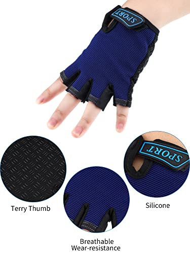 Boao 3 Pares de Guantes Deportivos Guantes de Mitad de Dedos de Niños Guantes de Gel Antideslizantes para Ciclismo (Azul, Camuflaje Gris, Negro, Talla de 6-10 Años de Edad)