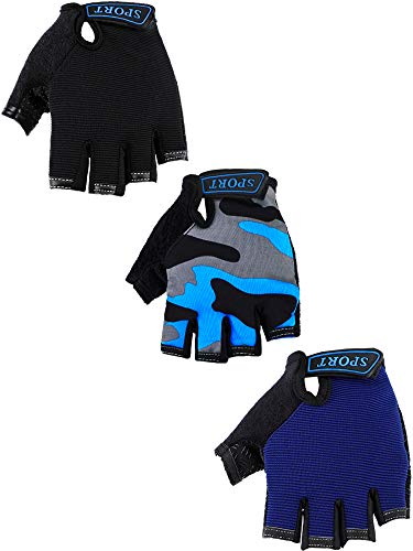 Boao 3 Pares de Guantes Deportivos Guantes de Mitad de Dedos de Niños Guantes de Gel Antideslizantes para Ciclismo (Azul, Camuflaje Gris, Negro, Talla de 6-10 Años de Edad)