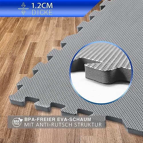 BodenMax 12 Piezas de Puzzle para Suelo Gimnasio Piscina EVA + Adhesivos Antideslizante | Esterilla Fitness Extra Gruesa [20% más de protección] | Gris 58 x 58 x 1,2cm