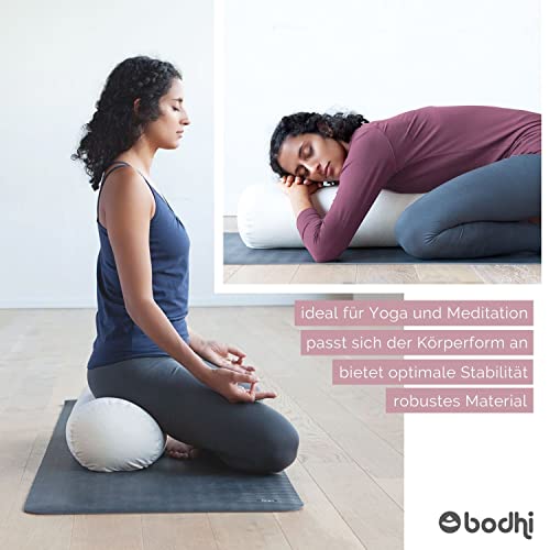 Bodhi | Yoga Bolster Eco | 100% algodón orgánico | Rollo de Yoga con Relleno de espelta orgánica | Funda Lavable | Cojín de Yoga Redondo para Ejercicios de Yoga | Grande 65 x 22 cm | Azul Oscuro