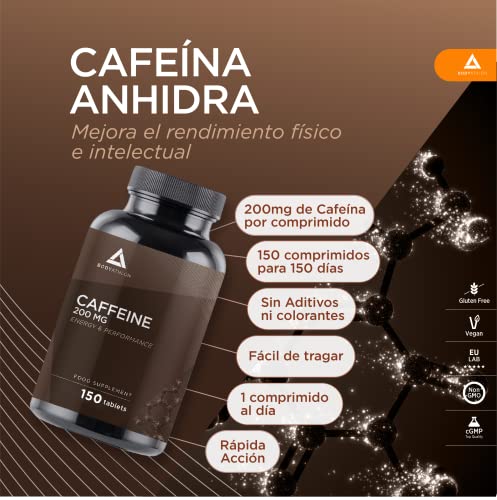 Bodyathlon- Cafeína anhidra pura- Energía y Concentración- Aumenta tu resistencia- Alta dosis- 150 comprimidos- Mejora tu rendimiento deportivo