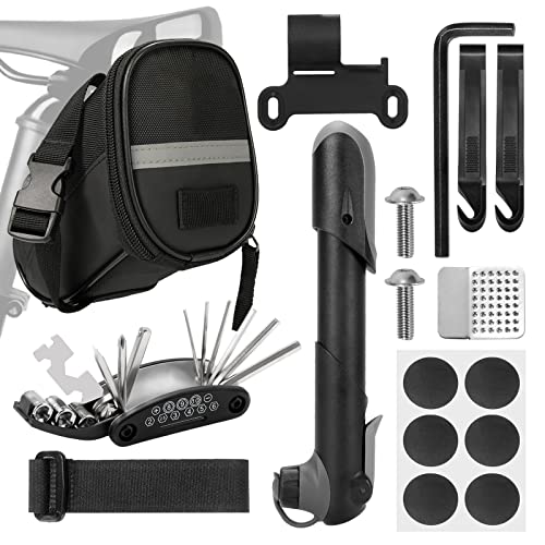 Bolsa Bicicleta Sillin con Kit Herramientas Bicicleta Multifuncional, Mini Bomba, Llave Multiusos 16 en 1, Kit Reparación Pinchazos y Neumáticos Bicicleta para MTB y Bicicletas de Carretera Montaña