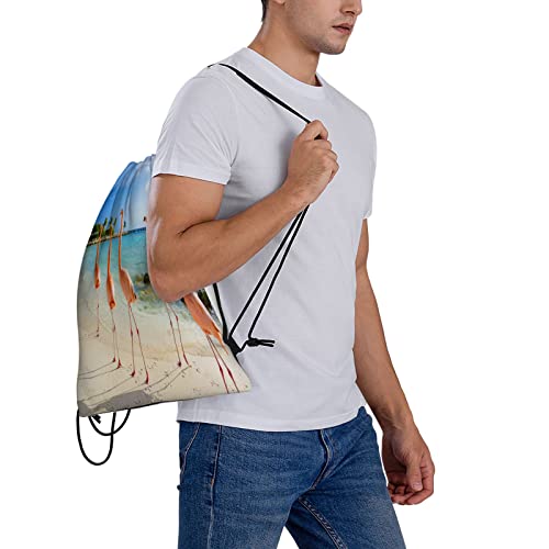 Bolsa con cordón para niños, gimnasio,Pájaro Flamenco Playa Aruba Isla Bonaire Caribe Sillas Exóticas Gratis,Mochila resistente al agua para playa, bolsa de cuerdas para deportes al aire libre, viajes