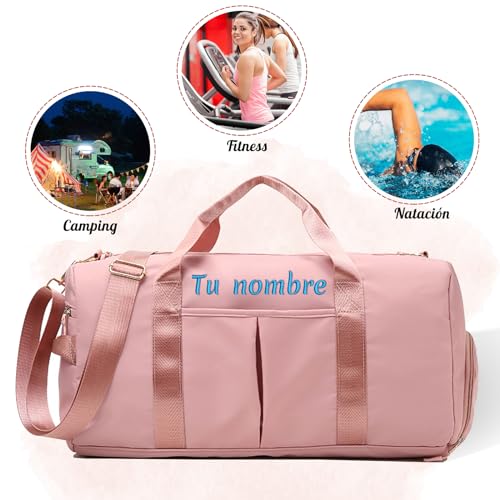 Bolsa de Gimnasio Bordada con Nombre Personalizado, Bolsa Deportiva Personalizada con Bolsillos húmedos y Secos y Compartimento para Zapatos, Bolsa de Mano Impermeable Durante la Noche (Negro)