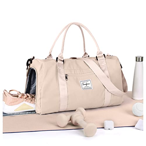 Bolsa de Viaje Bolso Deporte Mujer Niña,Mochila Bolsas Gimnasio Impermeable Ligera Bolsa Deportiva con Bolsillo Húmedo y Compartimento de Zapatos,Duffel Bag Hombre Bolso Fin Semana Gym,Beige