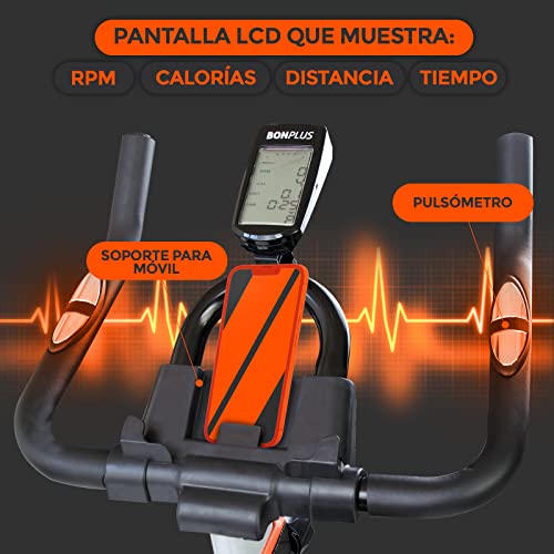 Bonplus BP | Bicicleta Spinning | Pantalla LCD | Intensidad Regulable | Pulsómetro | Altura Del Asiento - 76-98 cm | Volante Inercia 10 kg | Fitness