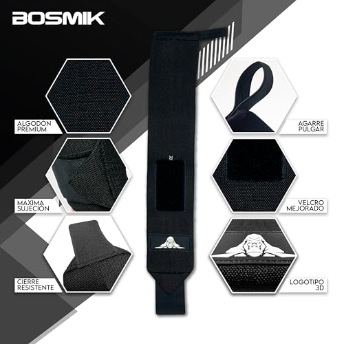 Bosmik Straps Gym, Muñequeras Gym, Set Correas Levantamiento de Pesas Muñequeras Crossfit, Entrenamiento de Fuerza, Calistenia, Regalo (Negro)