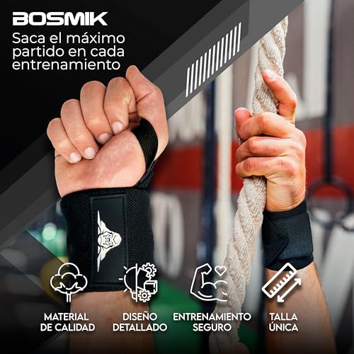 Bosmik Straps Gym, Muñequeras Gym, Set Correas Levantamiento de Pesas Muñequeras Crossfit, Entrenamiento de Fuerza, Calistenia, Regalo (Negro)