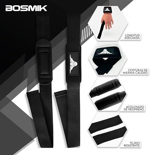 Bosmik Straps Gym, Muñequeras Gym, Set Correas Levantamiento de Pesas Muñequeras Crossfit, Entrenamiento de Fuerza, Calistenia, Regalo (Negro)