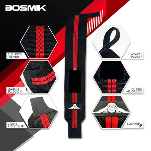 Bosmik Straps Gym, Muñequeras Gym, Set Correas Levantamiento de Pesas Muñequeras Crossfit, Entrenamiento de Fuerza, Calistenia, Regalo (Negro + Negro/Rojo)