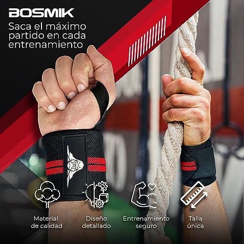 Bosmik Straps Gym, Muñequeras Gym, Set Correas Levantamiento de Pesas Muñequeras Crossfit, Entrenamiento de Fuerza, Calistenia, Regalo (Negro + Negro/Rojo)