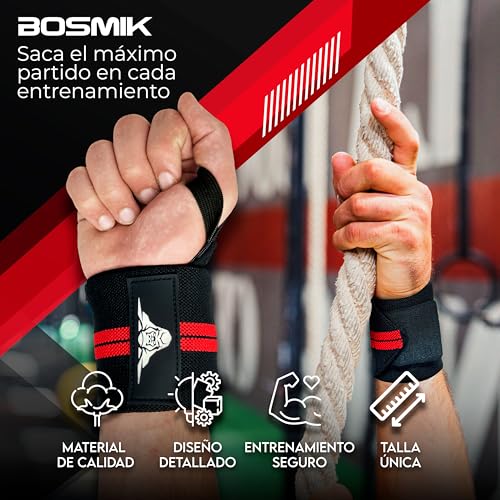 Bosmik Straps Gym, Muñequeras Gym, Set Correas Levantamiento de Pesas Muñequeras Crossfit, Entrenamiento de Fuerza, Calistenia, Regalo (Negro/Rojo)