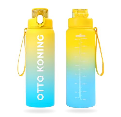 Botella Agua 1 litro -Otto Koning- Botella de Agua Deportiva con Marcador de Volumen, Botella de Agua 1000ml Reutilizable para Colegio, Bicicleta, Gimnasio, Camping. A Prueba de Fugas. Sin BPA