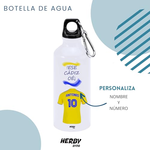 Botella de agua del cadiz personalizado con nombre, bidón de aluminio para llevar, cantimplora para niños de 600 ml con dos tapones, regalos personalizados para niños con su nombre (Cadiz)