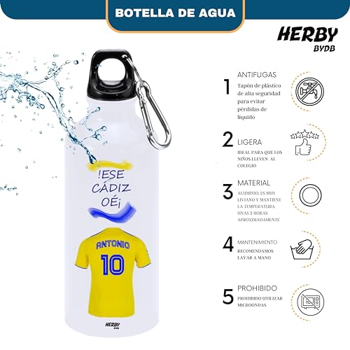 Botella de agua del cadiz personalizado con nombre, bidón de aluminio para llevar, cantimplora para niños de 600 ml con dos tapones, regalos personalizados para niños con su nombre (Cadiz)