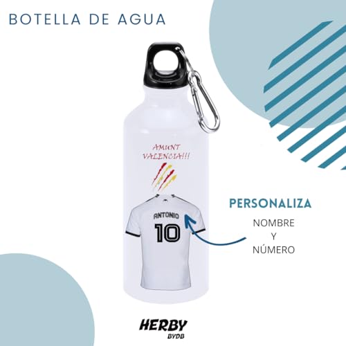 Botella de agua del Valencia personalizado con nombre, bidón de aluminio para llevar, cantimplora para niños de 600 ml con dos tapones, regalos personalizados para niños con su nombre (Valencia)