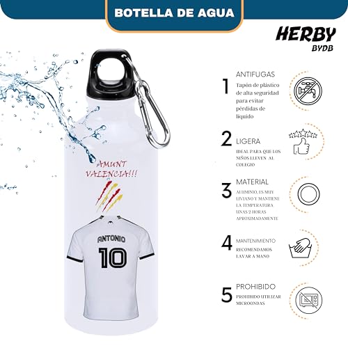 Botella de agua del Valencia personalizado con nombre, bidón de aluminio para llevar, cantimplora para niños de 600 ml con dos tapones, regalos personalizados para niños con su nombre (Valencia)