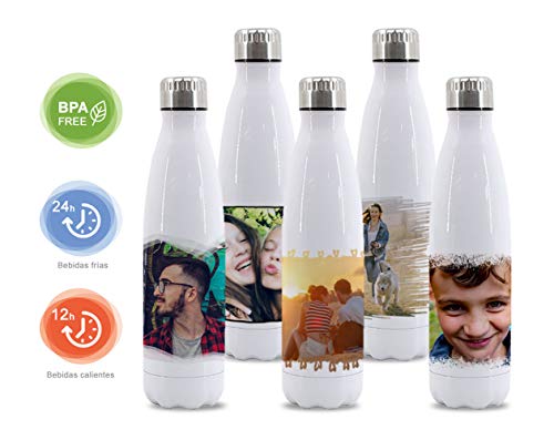 Botella personalizada con foto y nombre. Botella agua acero inoxidable 500 ml de doble capa y libre de BPA. Mantiene las bebidas frías y calientes 12h. Botella agua termica de color blanca