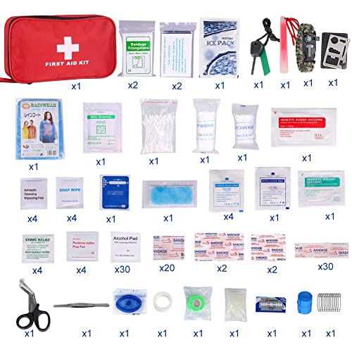 Botiquín de Primeros Auxilios de 200 Piezas,con Hielo, Manta de Emergencia,Máscara de RCP, Survival Tools Kit Bolsa Médica Emergencias para Coche, Hogar, Camping, Caza, Viajes, Aire Libre