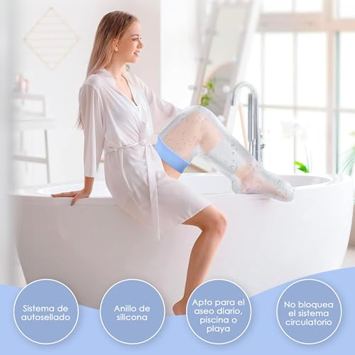 Box Commerce - Protector Escayola Pierna Corta Adulto para Ducha, Piscina - Funda Impermeable de Silicona Suave Comoda para Cubrir Vendajes, Yeso, Heridas, Quemaduras - Bolsa Hermetica Reutilizable