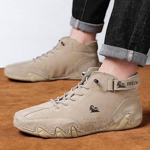 Braised Pork Botas Altas de Gamuza, Mocasines Casuales de Tobillo de Cuero para Hombres, Zapatos Antideslizantes para Caminar con Cordones (Khaki,43)