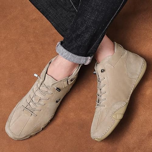 Braised Pork Botas Altas de Gamuza, Mocasines Casuales de Tobillo de Cuero para Hombres, Zapatos Antideslizantes para Caminar con Cordones (Khaki,43)