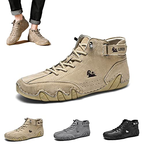 Braised Pork Botas Altas de Gamuza, Mocasines Casuales de Tobillo de Cuero para Hombres, Zapatos Antideslizantes para Caminar con Cordones (Khaki,43)