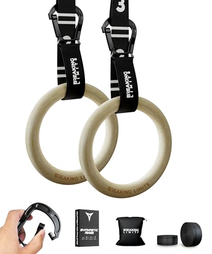 BREAKING LIMITS Anillos de gimnasia, correas ajustables con cierre rápido y mosquetón, anillos de gimnasia de madera de abedul texturizados y antideslizantes, como anillos calistenicos, anillos de