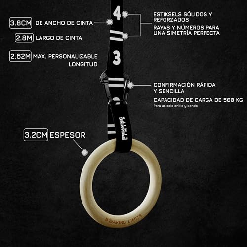 BREAKING LIMITS Anillos de gimnasia, correas ajustables con cierre rápido y mosquetón, anillos de gimnasia de madera de abedul texturizados y antideslizantes, como anillos calistenicos, anillos de