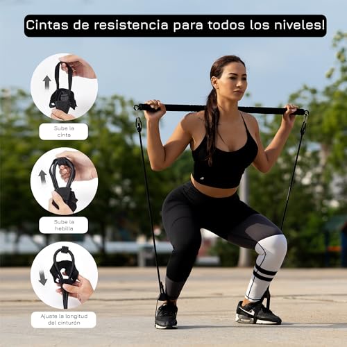 BREAKING LIMITS Juego de barras de pilates, barra de ejercicio de longitud ajustable con 6 bandas de resistencia, equipo de gimnasio de entrenamiento de cuerpo completo para el hogar, acero inoxidable