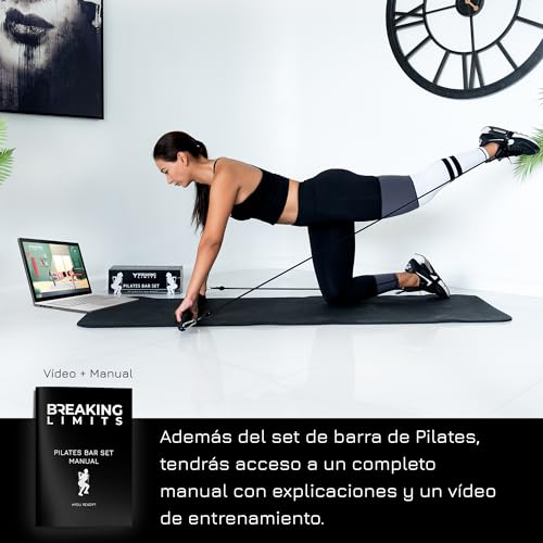 BREAKING LIMITS Juego de barras de pilates, barra de ejercicio de longitud ajustable con 6 bandas de resistencia, equipo de gimnasio de entrenamiento de cuerpo completo para el hogar, acero inoxidable