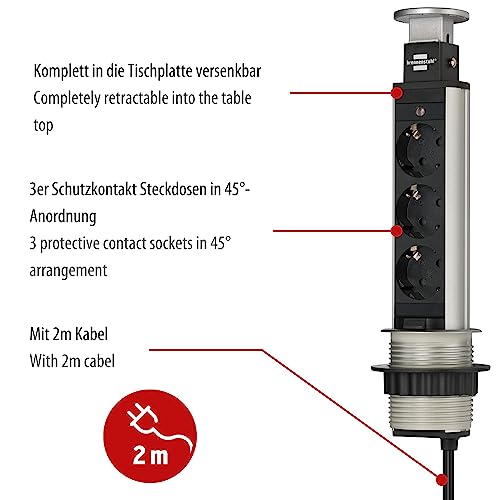 Brennenstuhl Tower Power regleta de enchufes de mesa de 3 tomas de corriente (cable de 2m, retráctil en la mesa, montable) aluminio