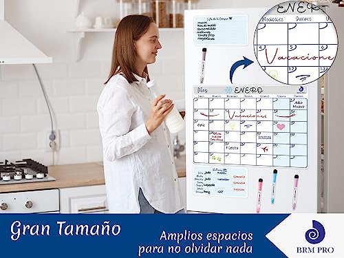 BRM PRO Calendario Escolar Magnético Nevera, Gran tamaño 40 x 40cm, Planificador Mensual, Planificador Semanal, Calendario 2024, Rutinas Semanales, Lista de la Compra. Kit 4 Rotuladores de Punta Fina