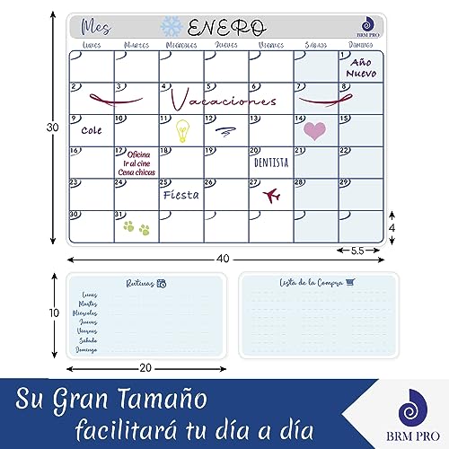 BRM PRO Calendario Escolar Magnético Nevera, Gran tamaño 40 x 40cm, Planificador Mensual, Planificador Semanal, Calendario 2024, Rutinas Semanales, Lista de la Compra. Kit 4 Rotuladores de Punta Fina