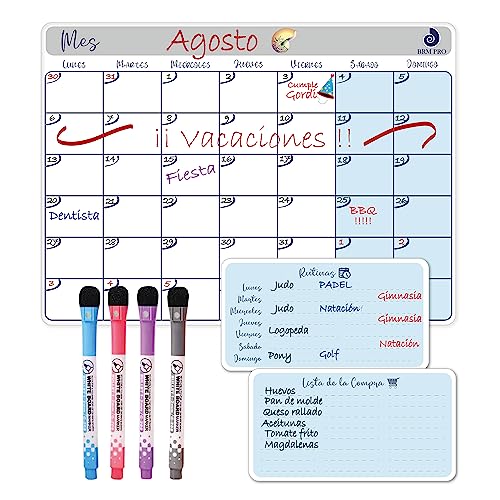 BRM PRO Calendario Escolar Magnético Nevera, Gran tamaño 40 x 40cm, Planificador Mensual, Planificador Semanal, Calendario 2024, Rutinas Semanales, Lista de la Compra. Kit 4 Rotuladores de Punta Fina