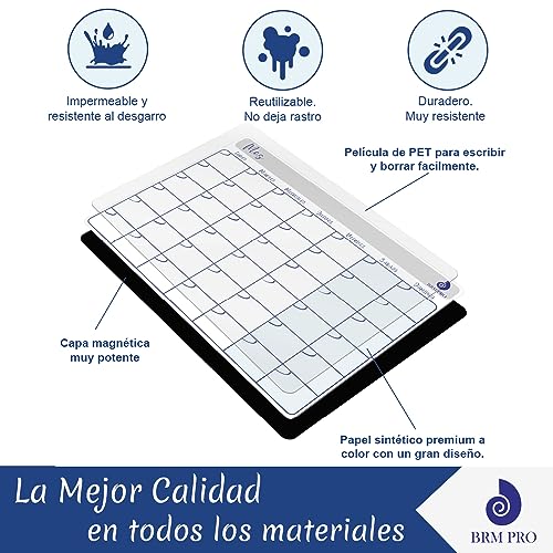 BRM PRO Calendario Escolar Magnético Nevera, Gran tamaño 40 x 40cm, Planificador Mensual, Planificador Semanal, Calendario 2024, Rutinas Semanales, Lista de la Compra. Kit 4 Rotuladores de Punta Fina