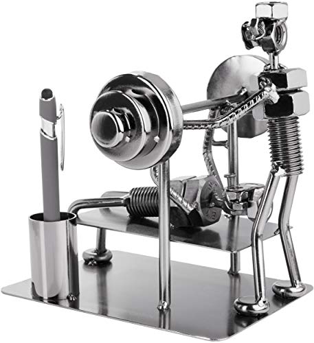 BRUBAKER Screw Man Bodybuilder Bench Press - Figura de Hierro Hecha a Mano Hombre de Metal - Figura de Metal con Soporte para Bolígrafo - Regalo para Deportes de Fuerza, Gimnasios, Atletas